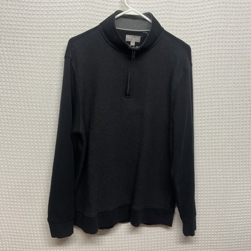 Ted Baker Black Textured 1/4 Zip MockNeck Sweater Pullover Men Large Cotton